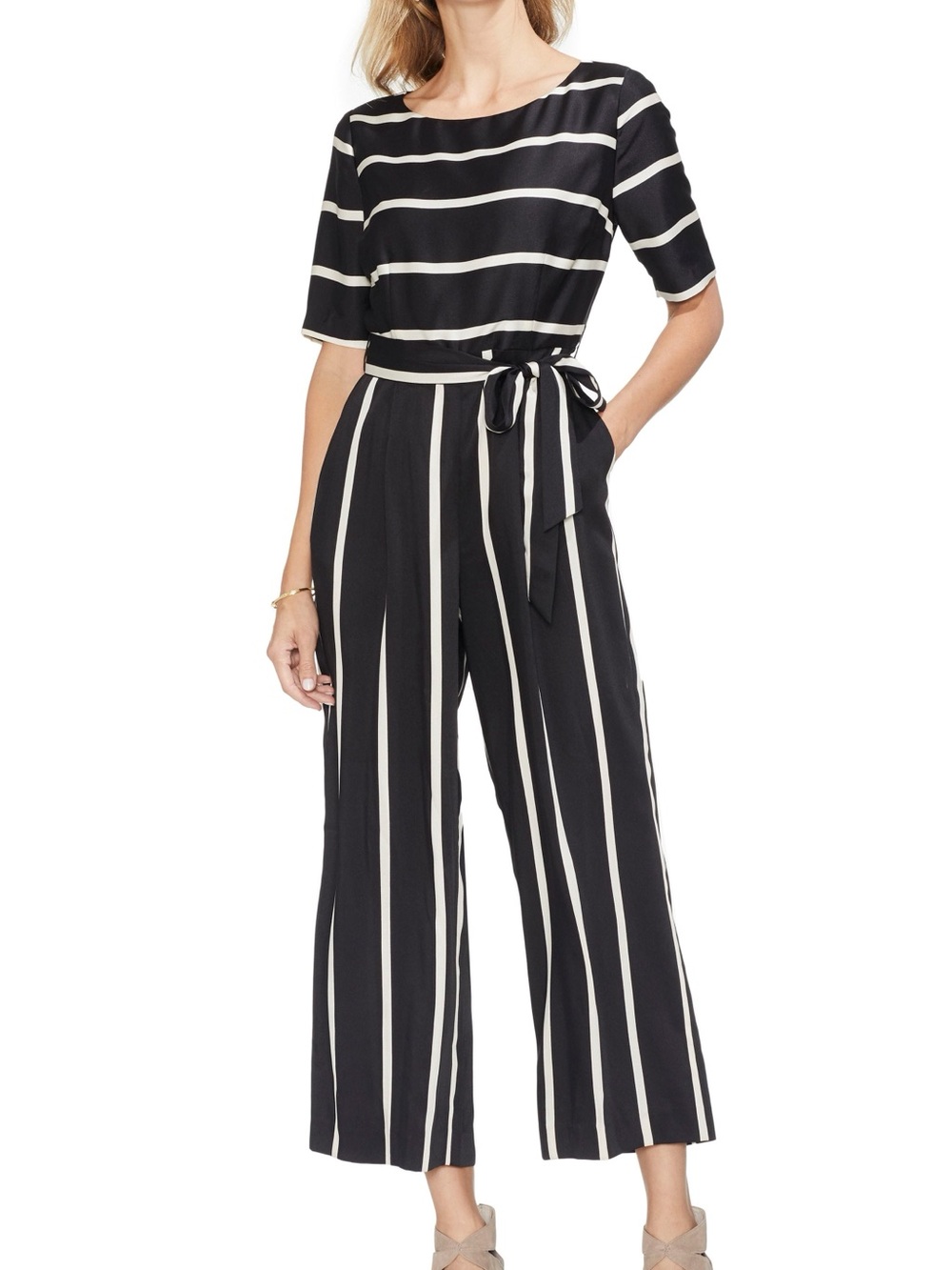 Vince Camuto Black and White Striped Wide-Leg Jumpsuit